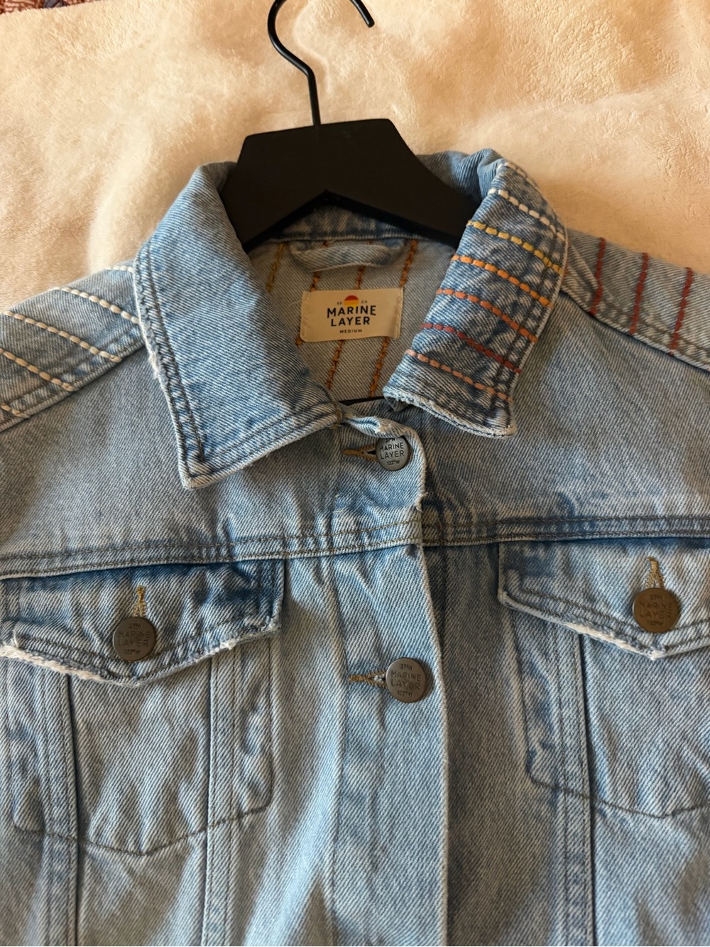 Marine Layer Blue Denim Jacket with Subtle Ombré Shoulder and Back Stitching
